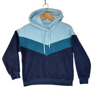 Retro 70s Vibe XL Colorblock Blue Chevron Pullover Sweatshirt Hooded Textured